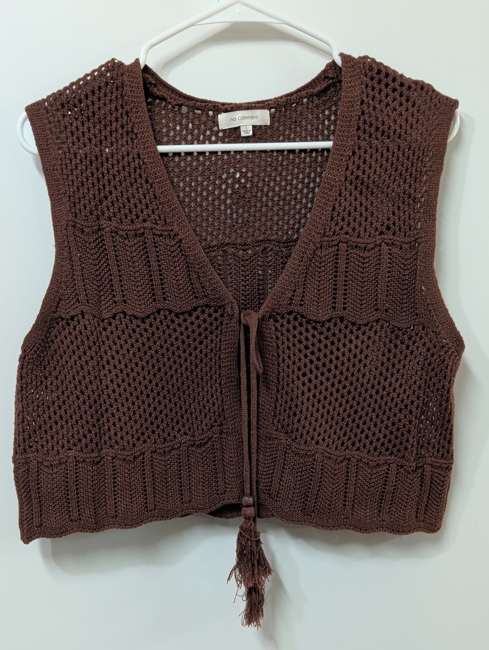 No Comment Brown Crochet Sweater Vest with Tassel Tie Large